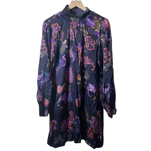 FRNCH Aliciana Black Purple Long Sleeve Paisley Dress Size Large - Picture 2 of 10